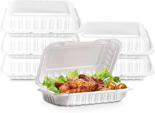 Clamshell - Recipientes de comida para llevar 9 x 6 pulgadas 150 unidades de plástico PP con bisagras para llevar seguros para microondas y
