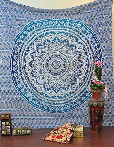 Jaipur Handloom Turquoise Blue Tapestry Ombre Tapestry Hippie Mandala Bedding Tapestry Wall Hanging Psychedelic Tapestry Dorm Decor Bohemian Tapestry, Boho Tapestries, Mandala Throw Bedspread #TOP2