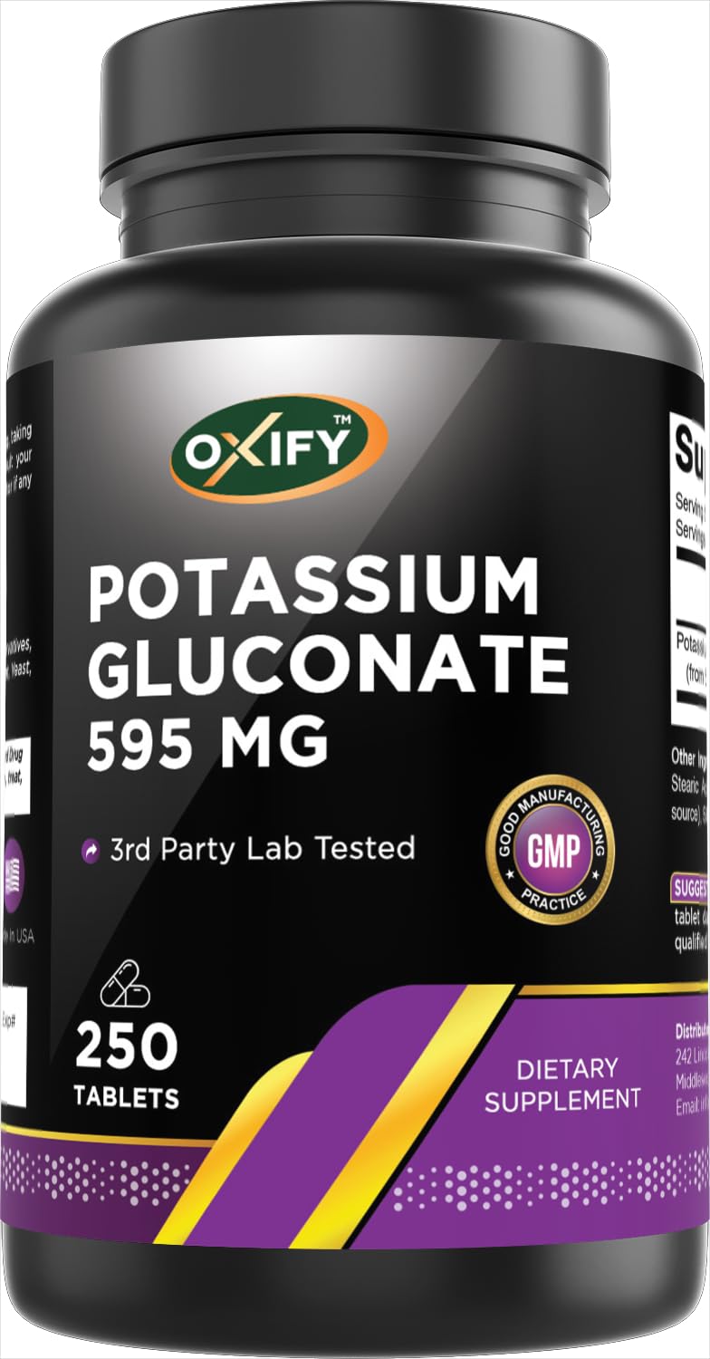 Oxify Potassium Gluconate 595 mg | 250 Tablets | Gluten-Free, Non-GMO | Supplement Made in USA