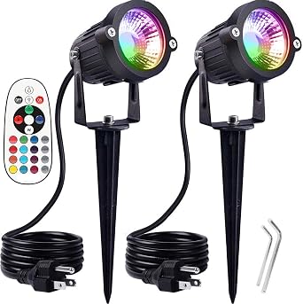 Pack of 2, Outdoor LED Landscape Lights Waterproof Spotlight with Spike Stand and Plug for Driveway, Outdoor Lawn Lighting, Flood Garden, Yard 6W Plug RGB