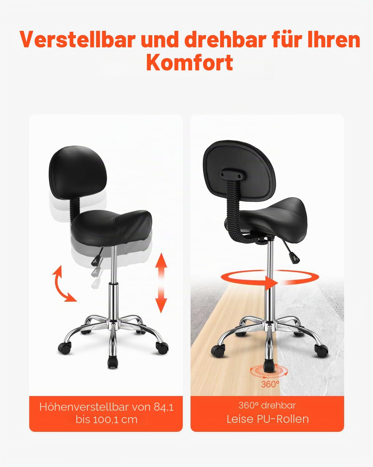 VEVOR Sattelhocker Rollhocker 204 kg belastbarer höhenverstellbarer Drehhocker mit Rückenlehne PU-Leder für Salon Spa Massage