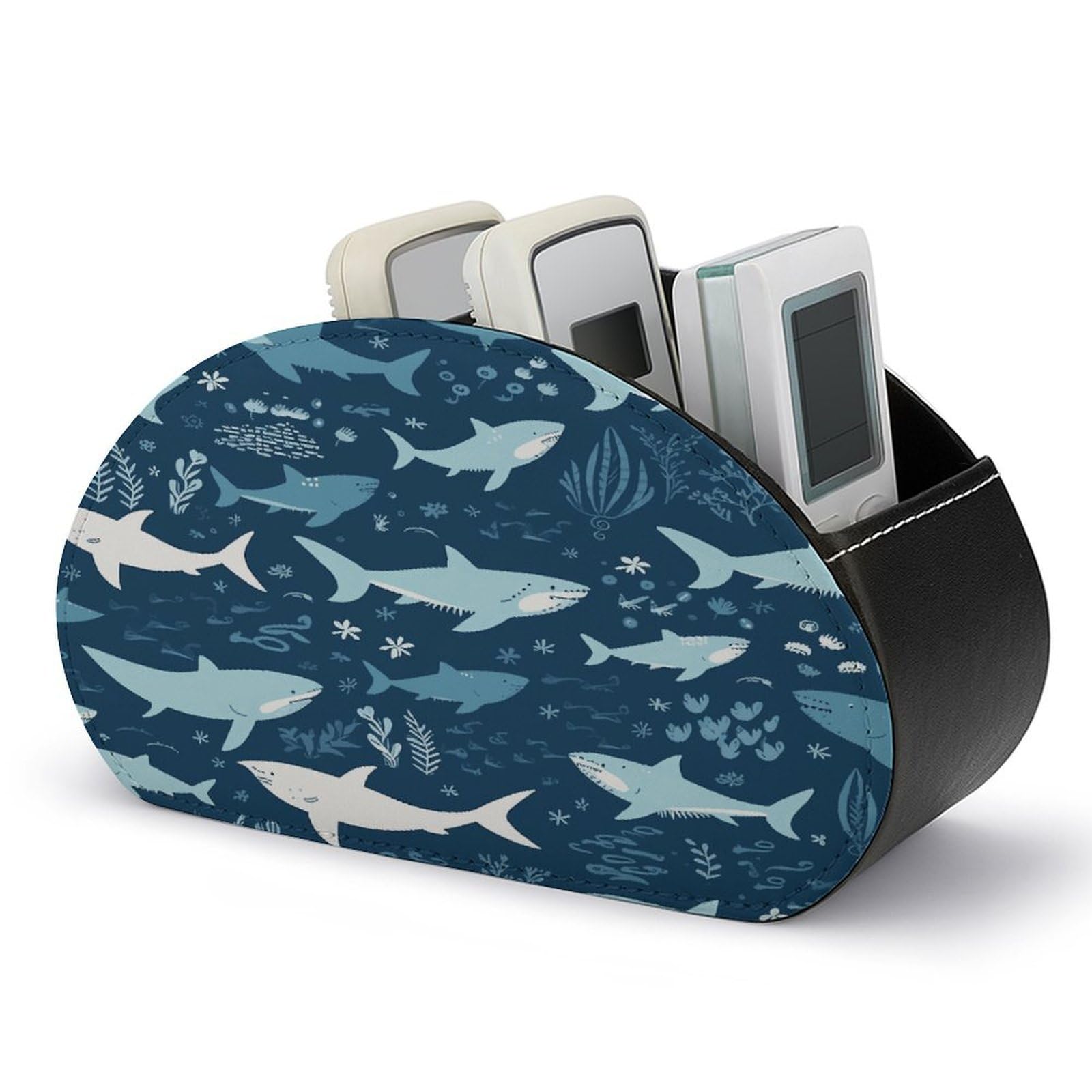 FekiLoot Sharks Remote Control Holder, PU Leather Remote Control Organizer Box Stationery Remote Control Box Desk Storage Organizer for DVDs,Glasses,Pens,Media Players