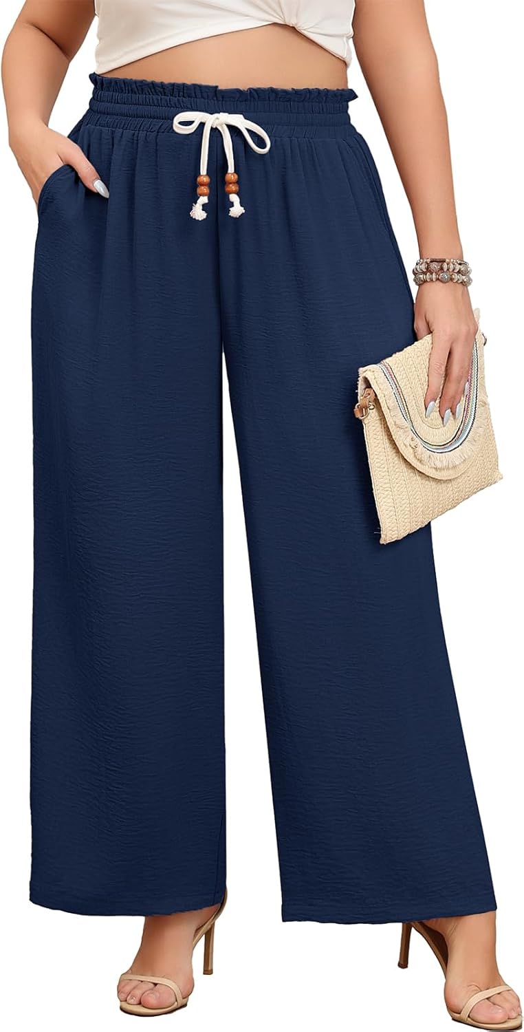 Lastshe Plus Size Wide Leg Pants for Women Elastic High Waisted Drawstring Loose Lounge Long Palazzo Trousers with Pockets