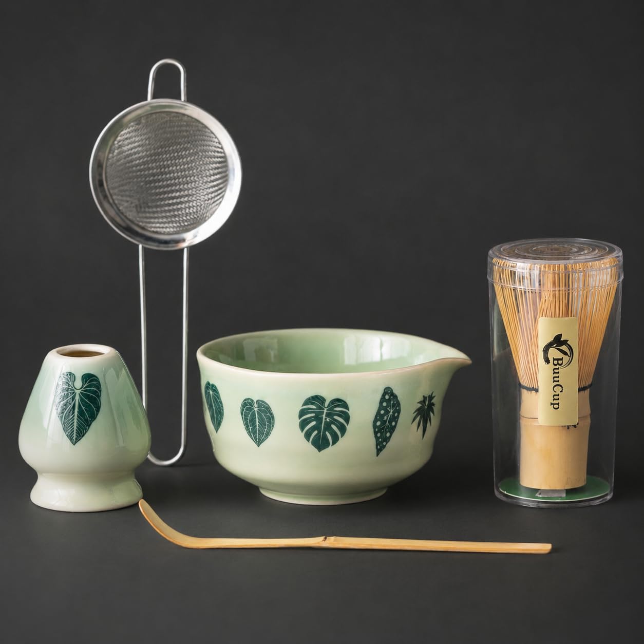 Buucup Matcha Whisk Set, Matcha Bowl Set ，5 Pcs Matcha Kit (Ombre Leaf)