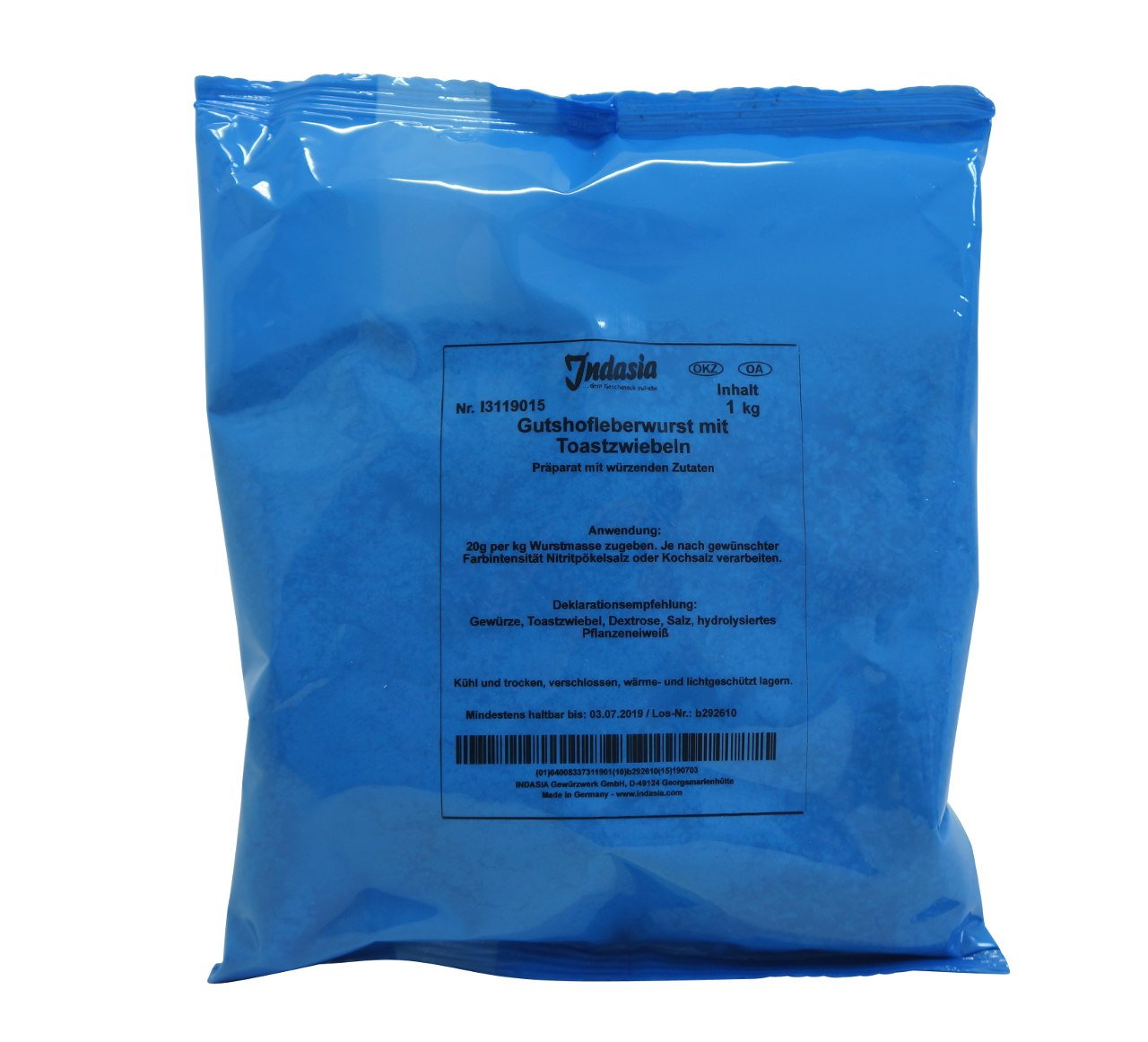 Indasia Gutshofleberwurst mit Toastzwiebeln 1kg Gewürzpräparat