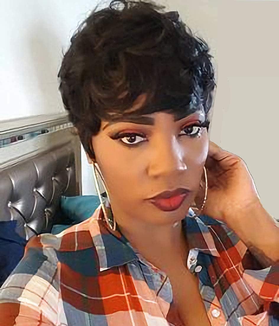 VRZ Human Hair Short Pixie Wigs with Bangs Pixie Cut Short Hair Wigs Black Layered Pixie Wavy Wigs for Women (SIDE WAVY)