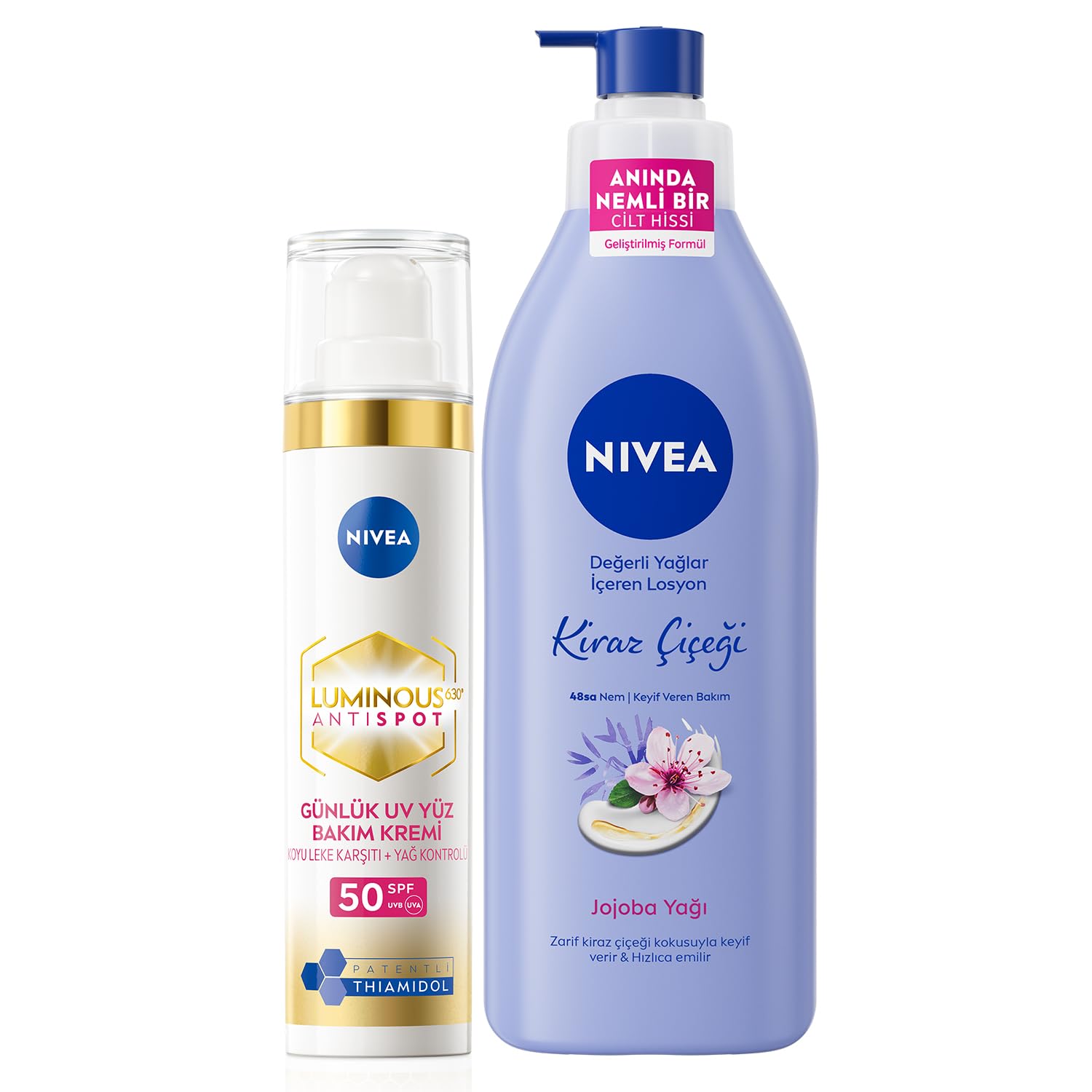 NIVEA Luminous630 Leke Karşıtı Gündüz Bakım Kremi 40ml, SPF50 + NIVEA Değerli Yağlar İçeren Vücut Losyonu Kiraz Çiçeği & Jojoba Yağı, 400 ml