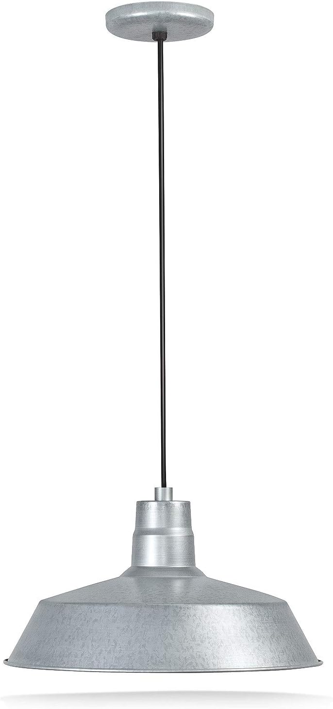 14-inch Industrial Galvanized Pendant Barn Light Fixture with 10ft Adjustable Cord, Ceiling-Mounted Vintage Hanging Light Fixture for Indoor Use, 120V Hardwire, E26 Base LED Compatible, UL Listed
