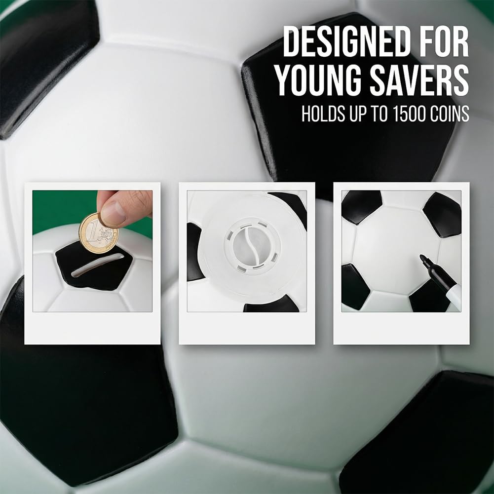 Hucha con Forma de balón de fútbol: un Encantador diseño con temática Deportiva, Personalizable para niños o niñas. Una excelente Idea de Regalo para los cumpleaños de los niños