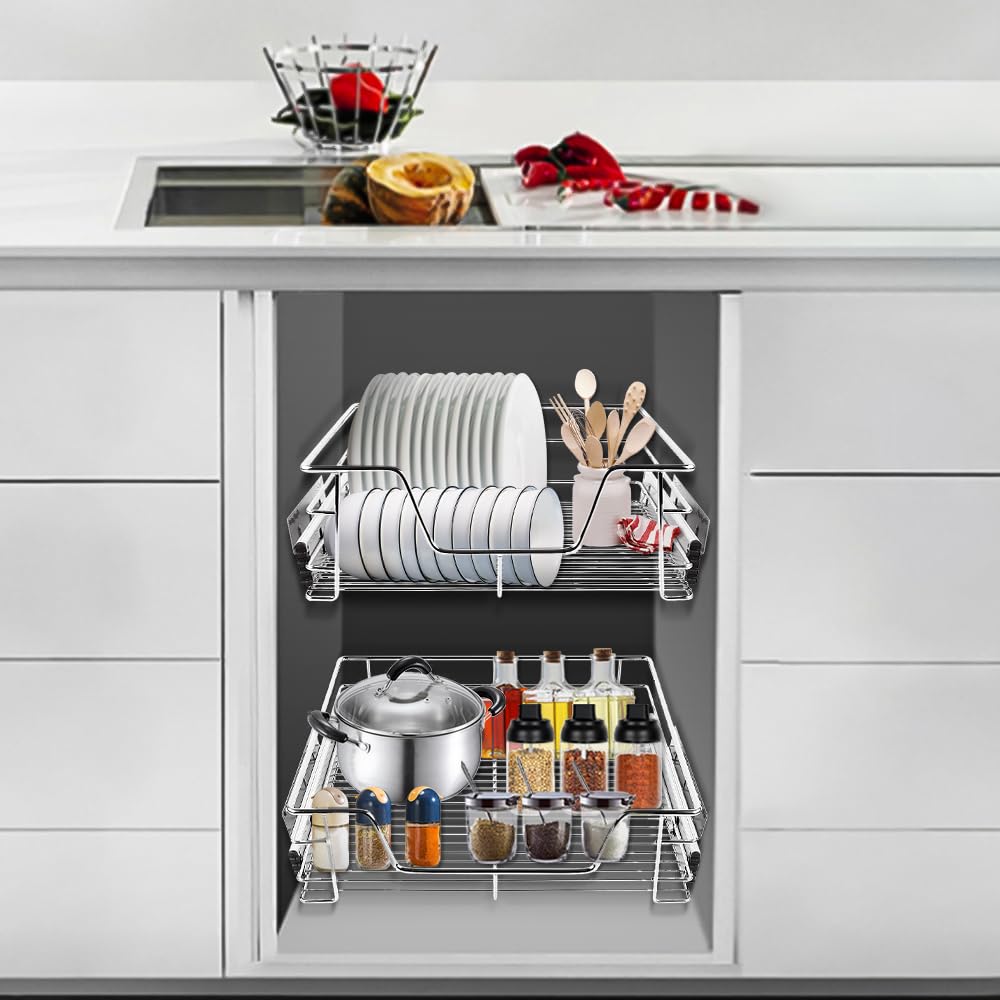 Supfine 2x Tiroirs Téléscopique de Cuisine, 56cm Panier Treillis Métallique pour Placard, Rails Inclus - Panier de Rangement Coulissant (56 cm)