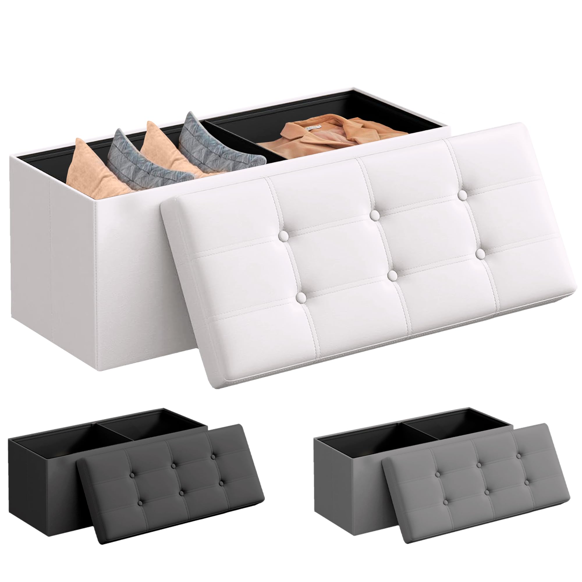 JUPPLIES Puff de Almacenaje 80 L, 76 x 38 x 38 cm - Baúl de Almacenamiento con Tapizado PVC, Plegable y Acolchado - Banco con Tapa Soporta 300 kg para Dormitorio, Salón o Vestidor - Blanco