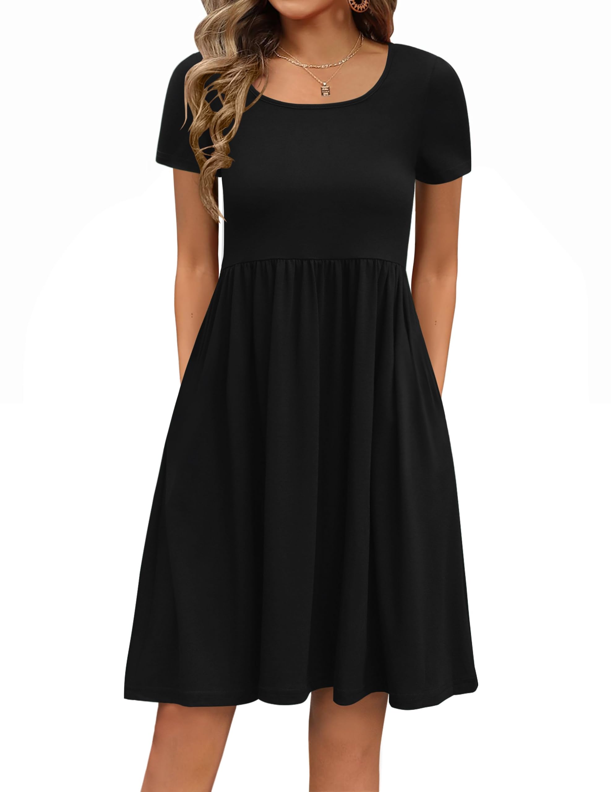 ZEAGOO Sommerkleid Damen Elegant Kleider Kurzarm A-Linie Blumenkleid Rundhals Tunika Kleid Strandkleid mit Taschen Casual Freizeitkleid S-XXL