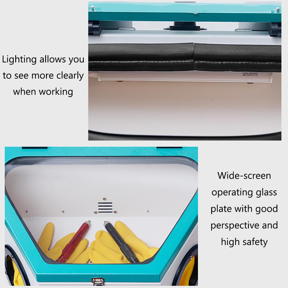 Cabina de Chorro de Arena de sobremesa, máquina de Chorro de Arena Dental de Doble Pluma con luz LED e Interruptor de pie, presión de Aire Ajustable, Panel de Vidrio de Pantalla Ancha