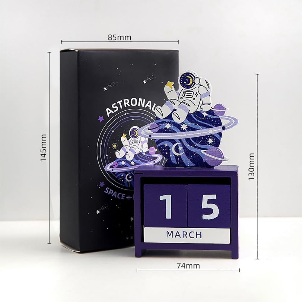 Calendario da tavolo in legno, design perpetuo astronauta con blocchi di data e mese, decorazione pratica per casa e ufficio per un uso duraturo, ecologico e riutilizzabile per anni