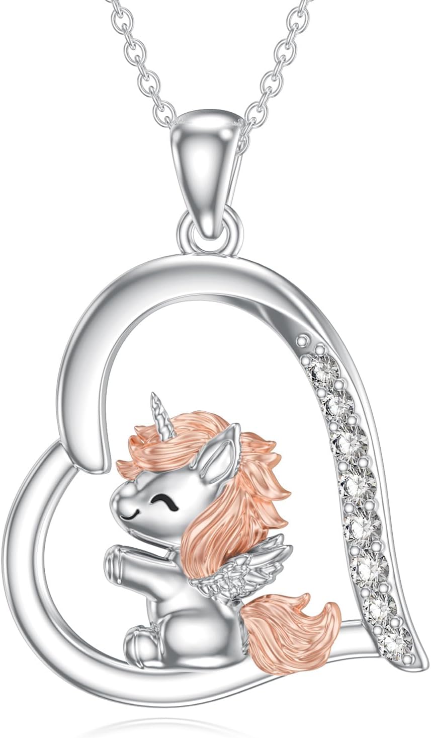 Diamond Unicorn Necklace for Women 925 Sterling Silver Unicorn Heart Pendant with Lab Grown Diamonds Jewelry Gift for Daughter
