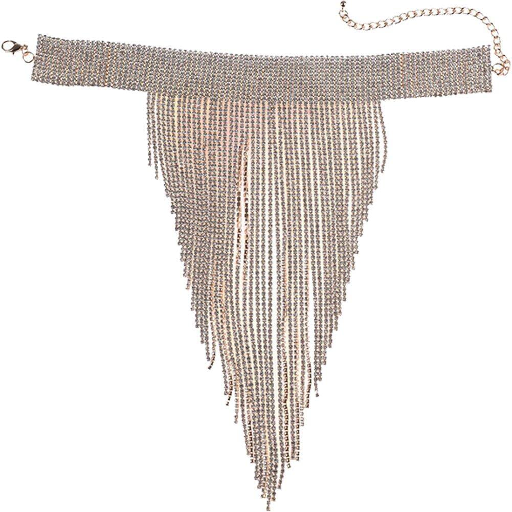 Sanfly Women's Gold Rhinestones Tassel Long Choker Full Crystal Tassel Necklaces Crystal Rhinestone Bib Necklace Luxury Necklaces Pendants Jewelry