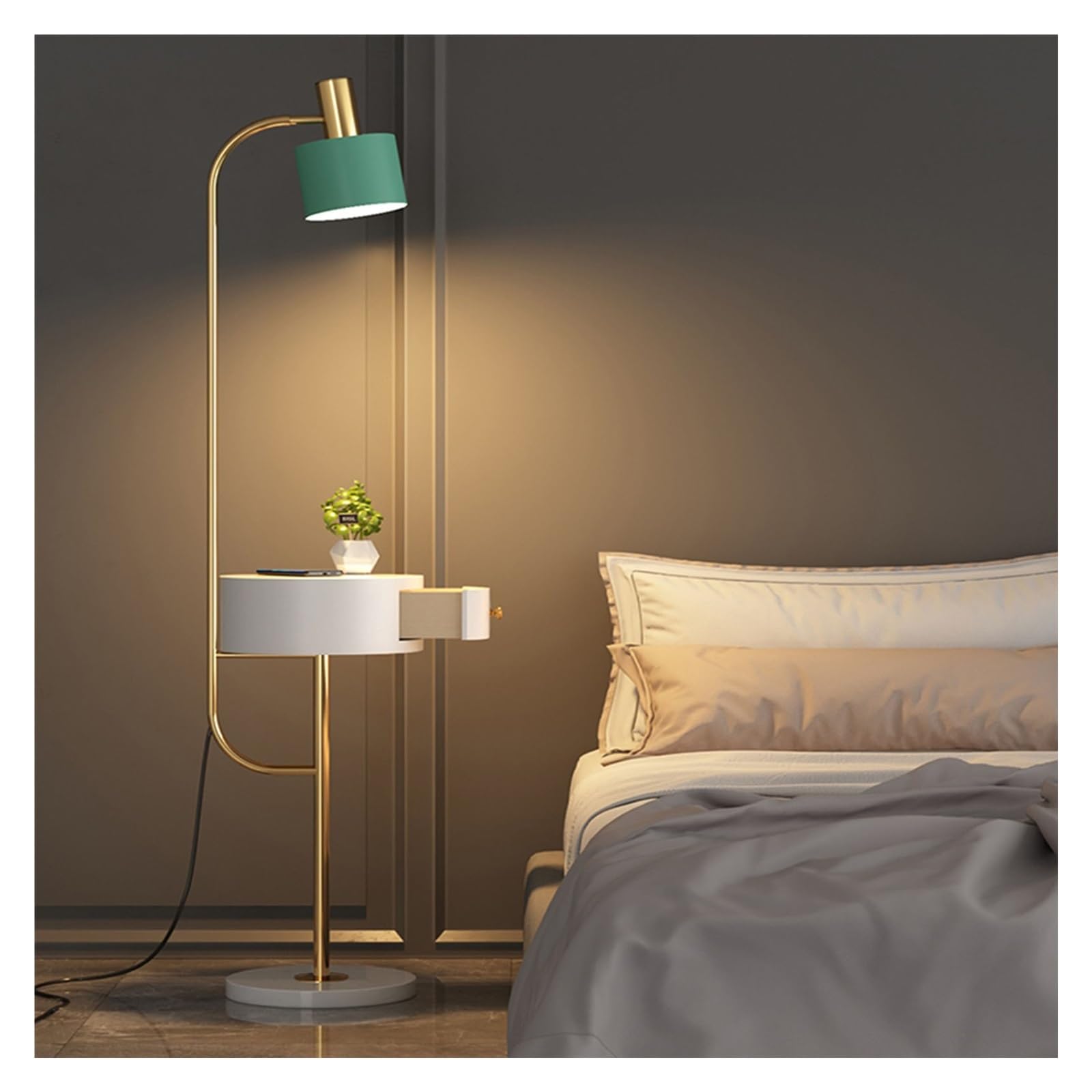 Z4T8M2K6G5 Tall Standing Lamp Floor Lamp with Drawer Table, Mid Century Modern Standing Lamps, End with Charging Station, Bedside with Attached(Gold)