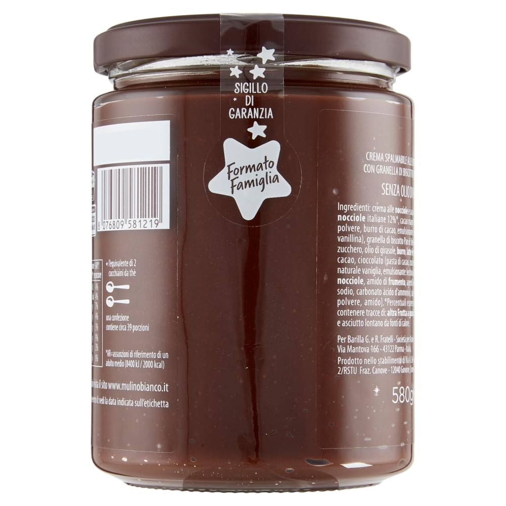 6X Pan di Stelle Crema Spalmabile alle Nocciole e Cacao con Granella di Biscotto 580g - Formato Famiglia [CAIYA® BOX da 6 Barattoli]