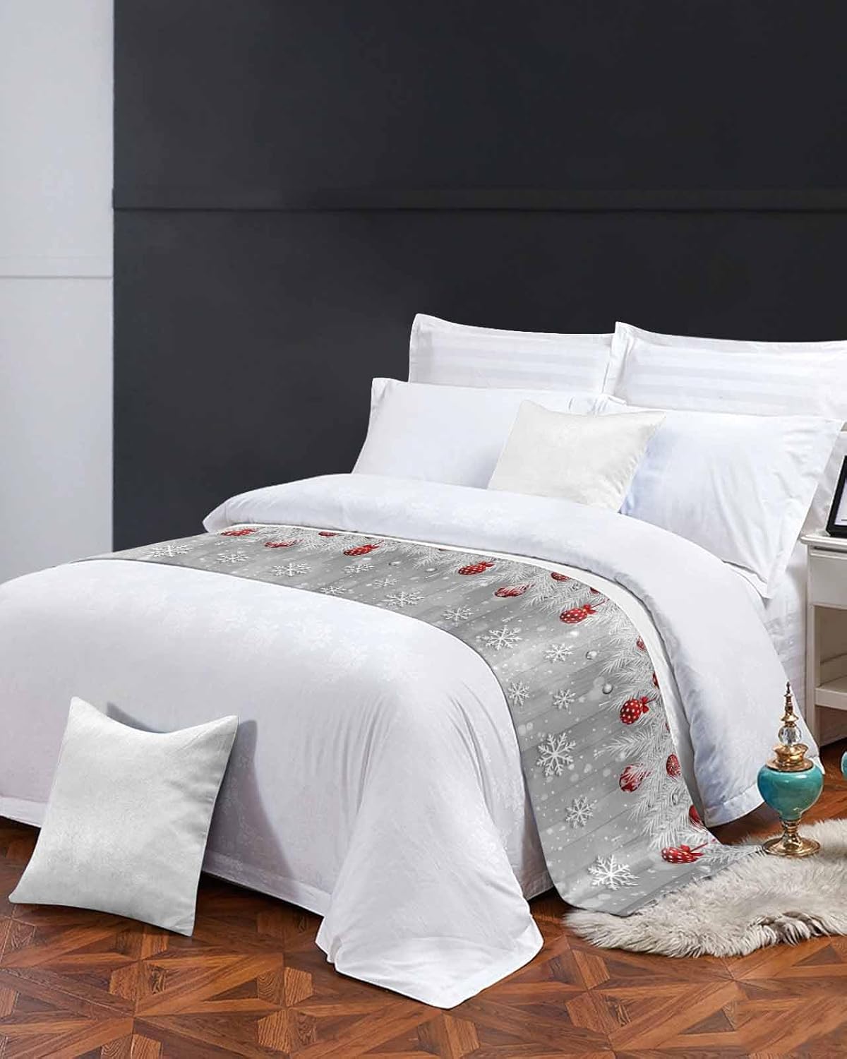 Silver Christmas Bed Runner for King Size Bed, Farmhouse Snowflake Pine Woodgrain Bedspread Protector Slipcover Bed Scarf for Foot Bed Runners & Scarves for Bedroom Hotel Wedding Room 102x20 Inches