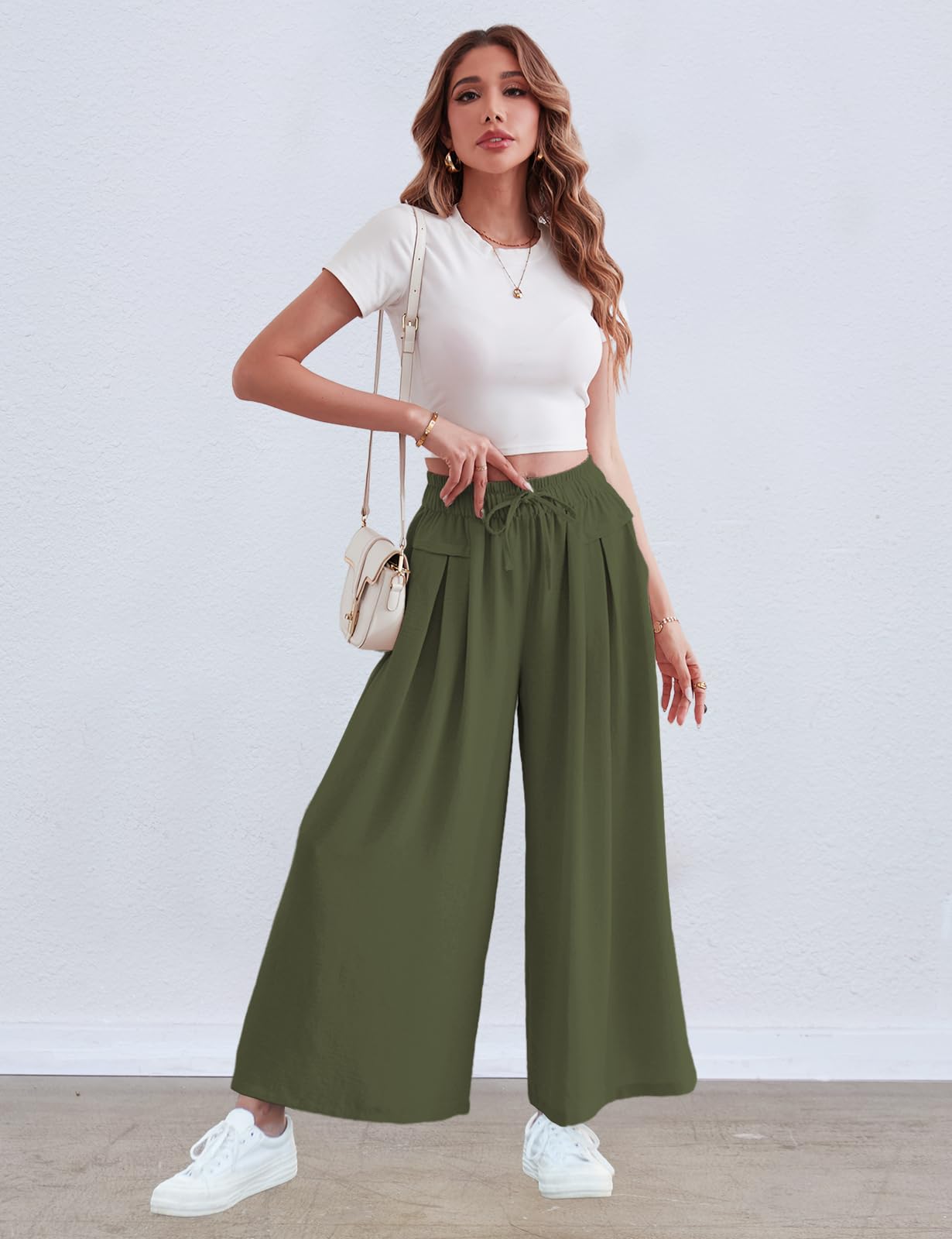 ZJCT Pantalones palazzo de pierna ancha para mujer, pantalones de playa de verano, holgados, casuales, pantalones de pijama para yoga, con bolsillos, Verde militar, Medium