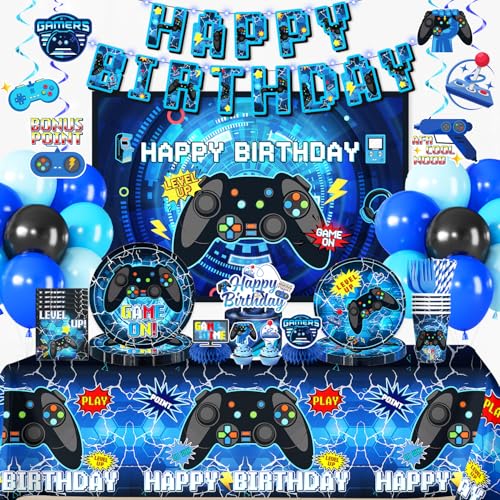 Yingoto 208pcs Video Game Birthday Decorations-Serves 25 All-in-one Gamer Birthday Party Decorations with 300gsm Plate Tablecloth Banner Centerpiece Cake Topper Hanging Swirl Etc