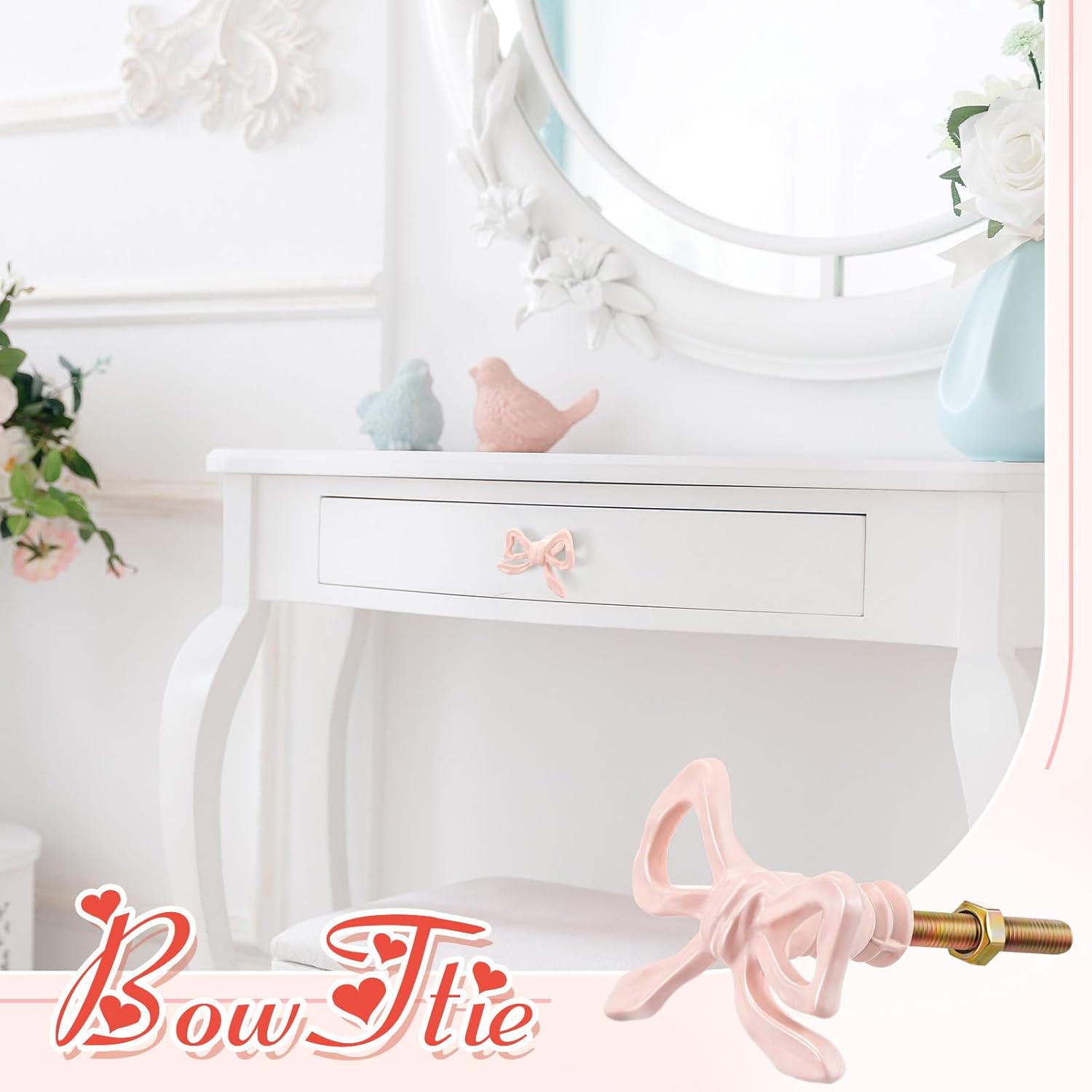 6 Pcs Pink Bow Knobs for Dresser,Pink Bow Drawer Knobs, Coquette Dresser Handles, Decorative Handles for Home Bedroom Hardware Cabinets Kitchen Glass Door Wardrobe