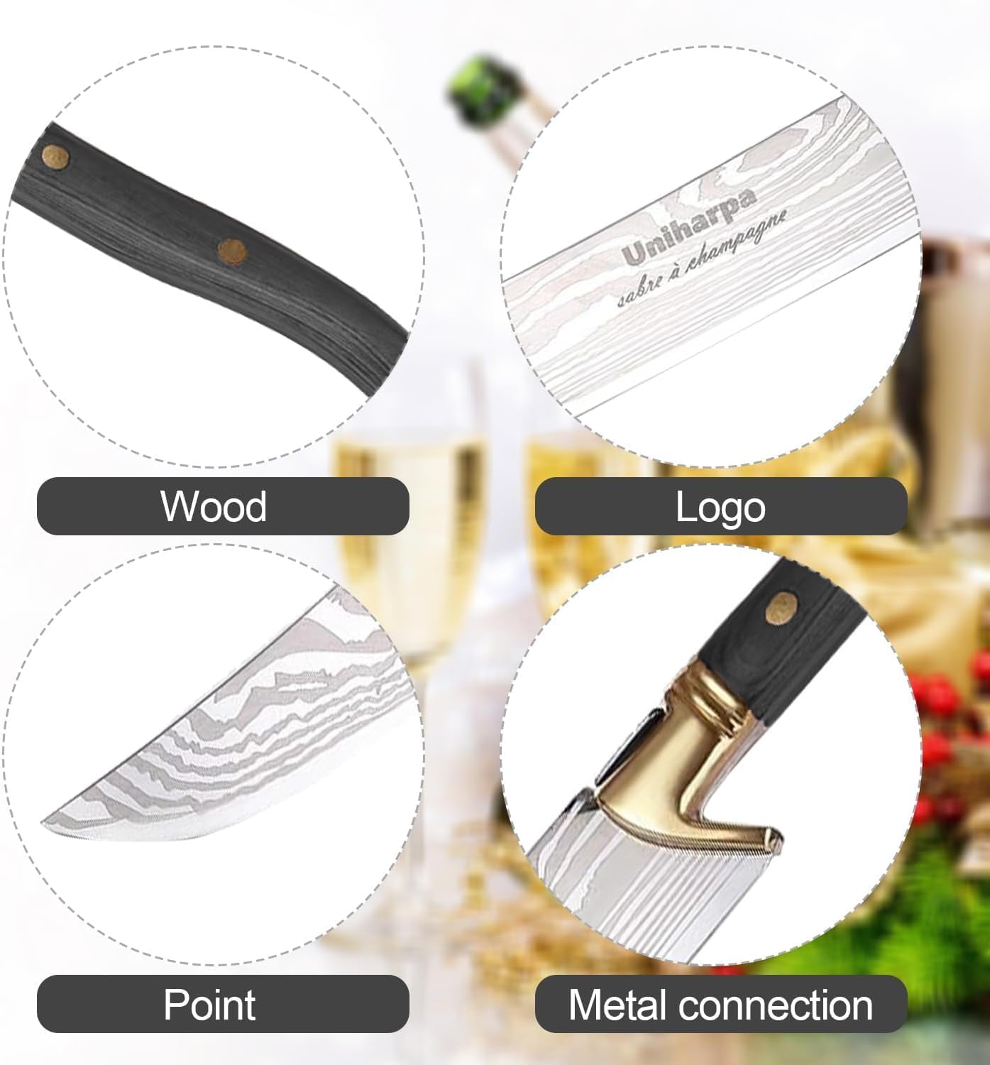 Uniharpa Champagne Saber Sword with Wooden Gift Case,Stainless Steel Blade - Premium Saber for Champagne Bottle Opening, Ideal Champagne Cork Knife & Champagne Themed Gifts for Wedding and Christmas