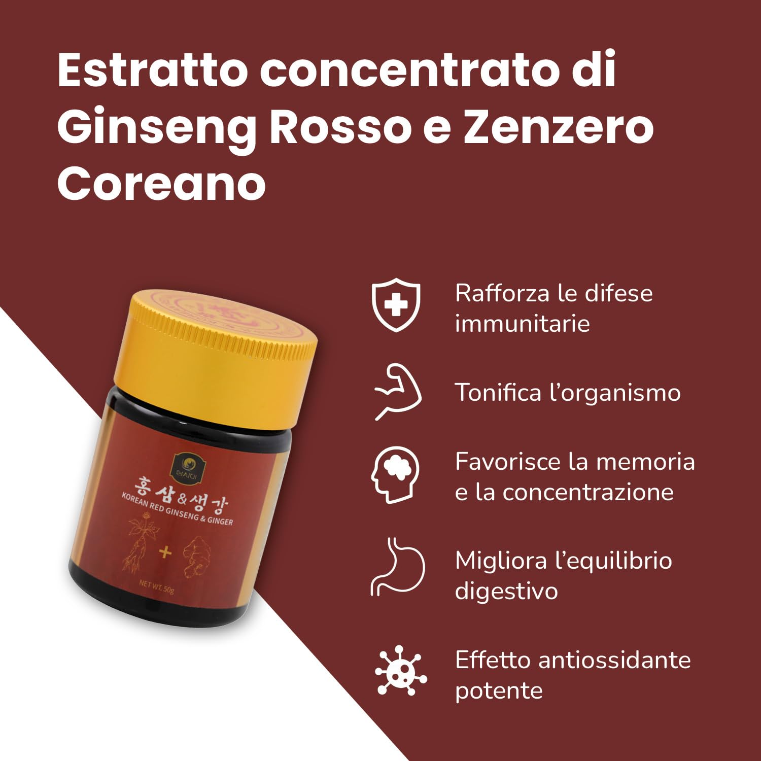 SAMSIDAE - Ginseng Rosso & Zenzero Coreano, Ginseng titolato 10 mg/g, Energia, Digestione, Immunità, Cucchiaino Incluso, Qualità Superiore, Trattamento di 1 Mese, 50g