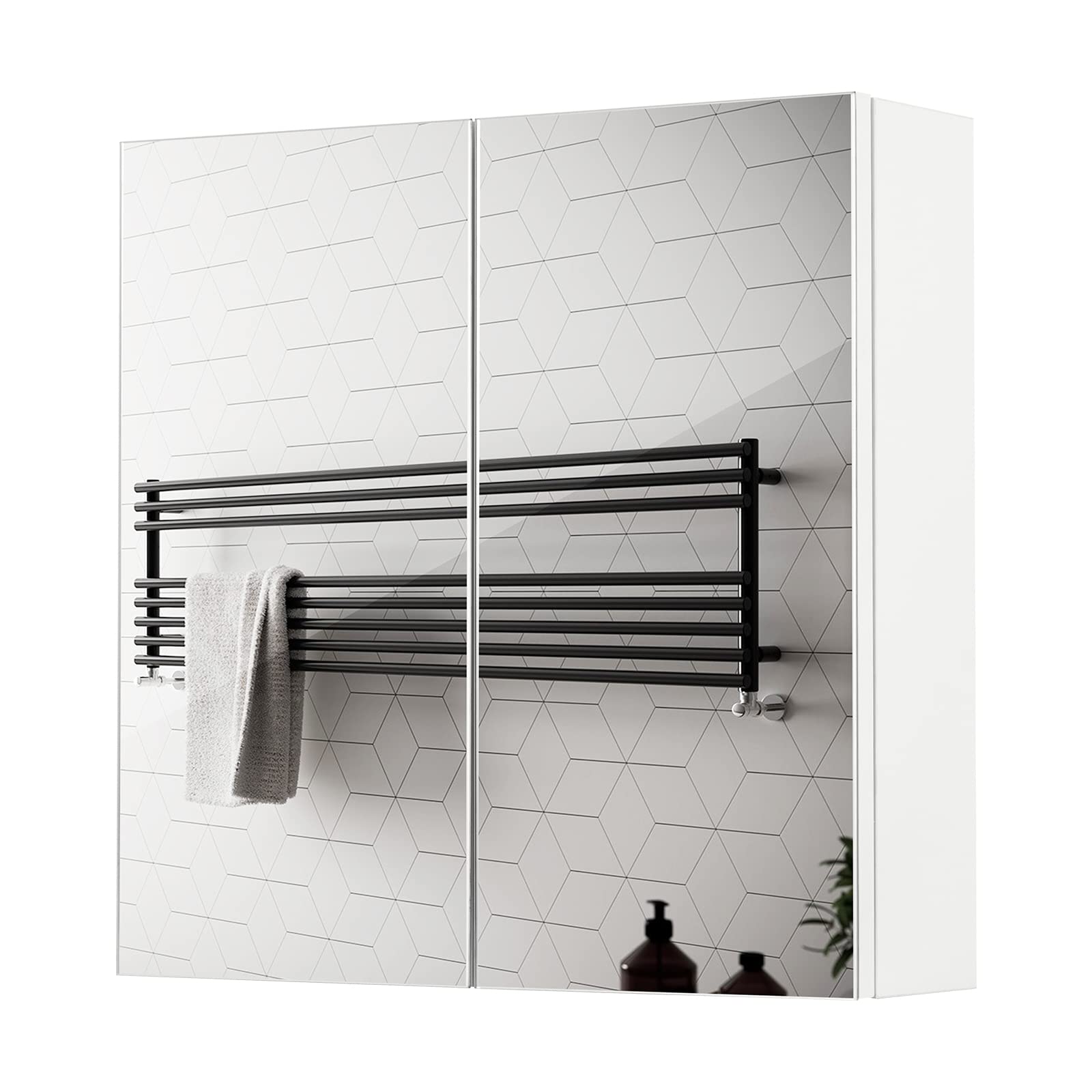 Mondeer Armario de Pared con Espejo de baño, Armario de Almacenamiento con 2 Puertas y 2 estantes, de Madera, Estilo Moderno, para baño, 45 x 13 x 45 cm, Color Blanco