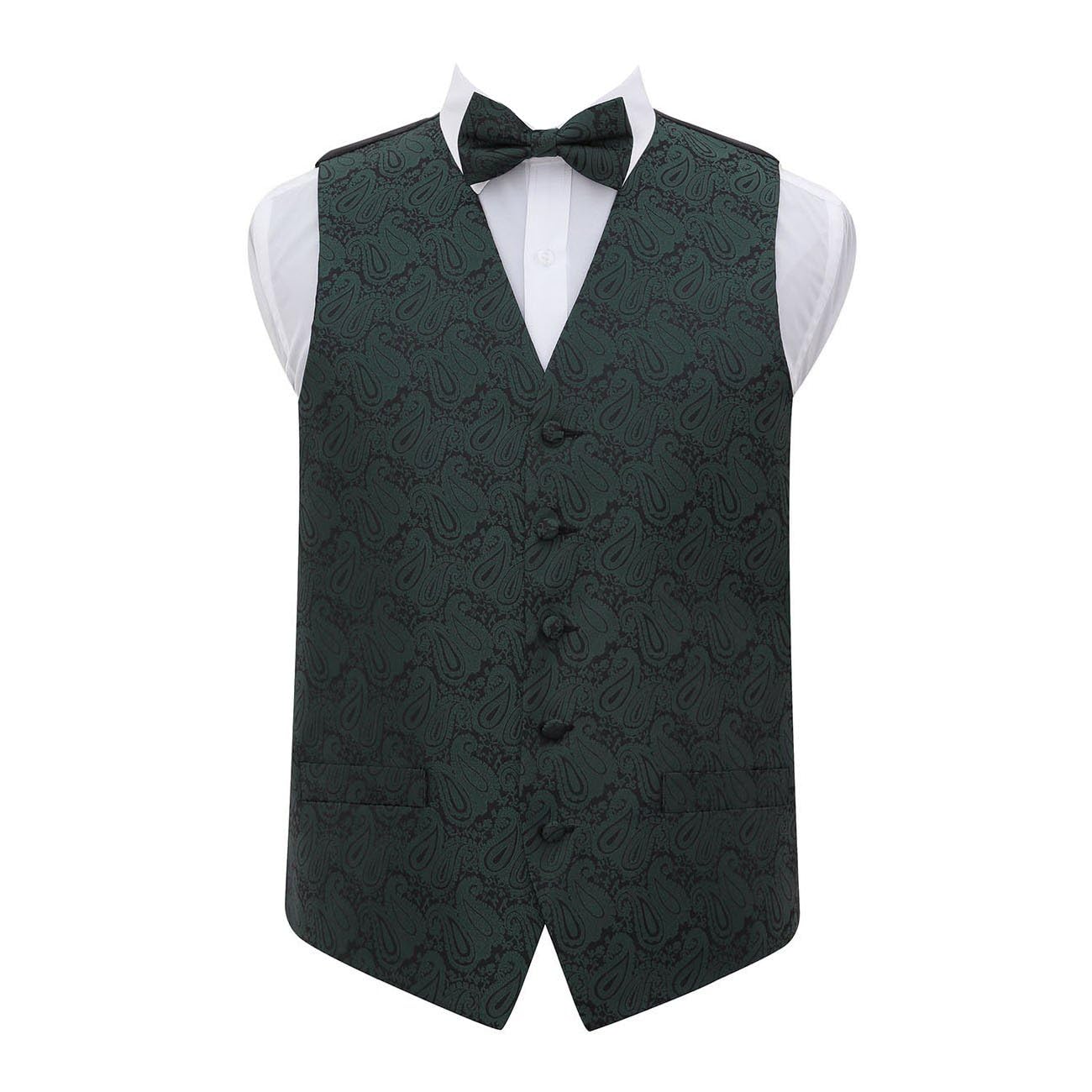 Dqt Men's Emerald Green Paisley Wedding Waistcoat, Bow Tie, Pocket Square And Cufflinks 4Pc Set - 46" (3Xl)