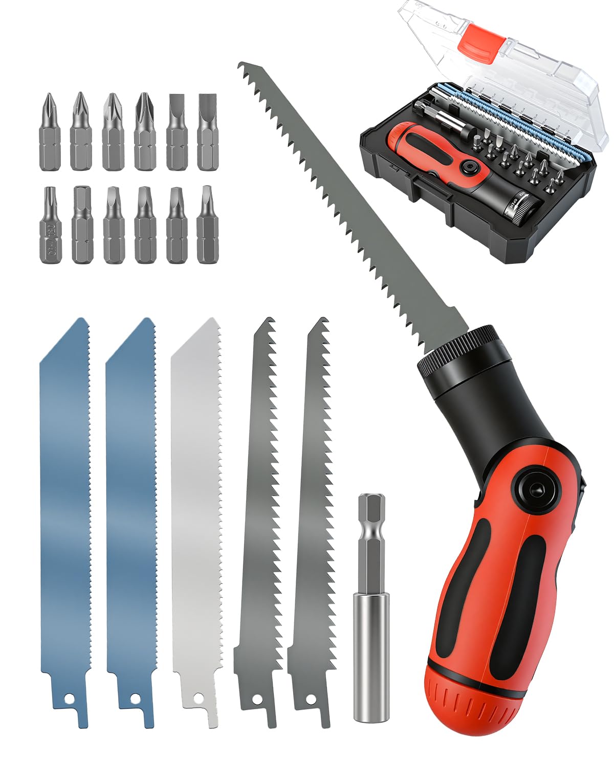 19 in 1 Hacksaw and Screwdriver Set, Hand Saw with 5 Interchangeable Saw Blades and 12 Screwdriver Bits Multi-Cutter Tool for Wood, Metal, Plastic, Rubber, DIY and Home Repair