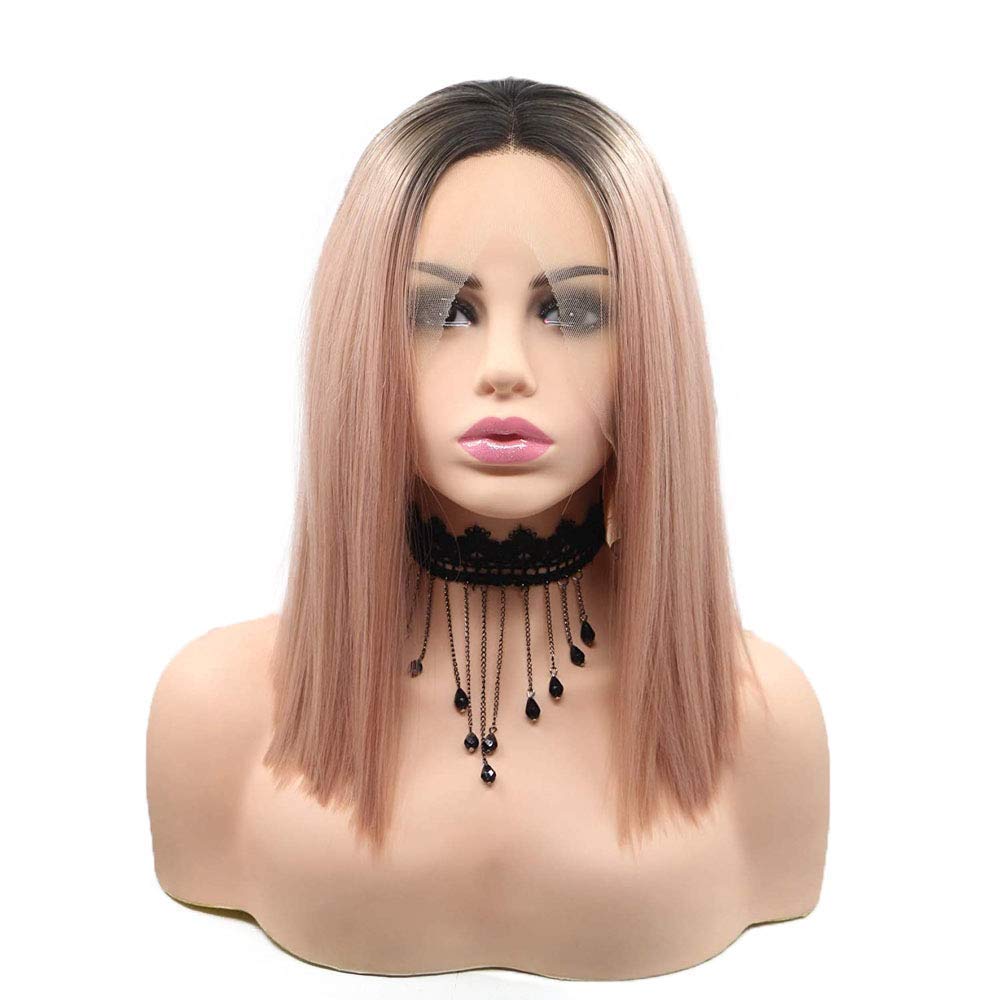 Amazon.com: Rose Pink Lace Front Wig Bob Gold Pink Synthetic  display picture 3