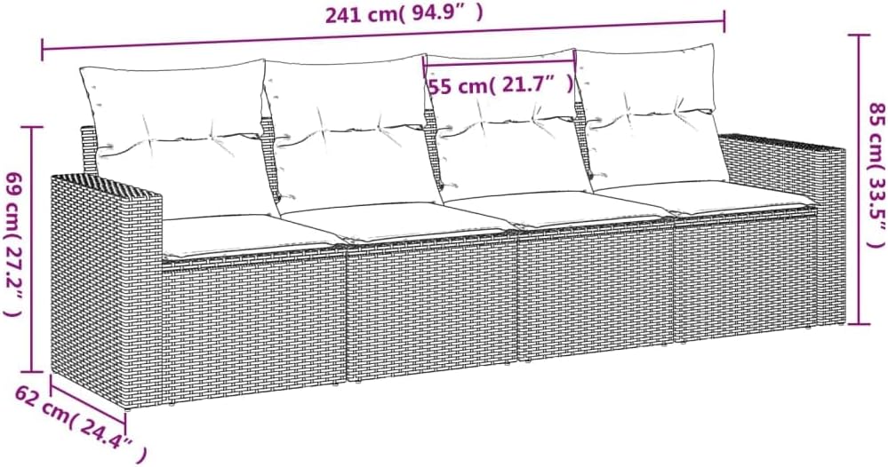 vidaXL Patio Sofa Set with Cushions - 4 Piece Black Poly Rattan Modular Outdoor Furniture for Garden, Patio, Deck - Includes Removable Covers and Comfortable Seating