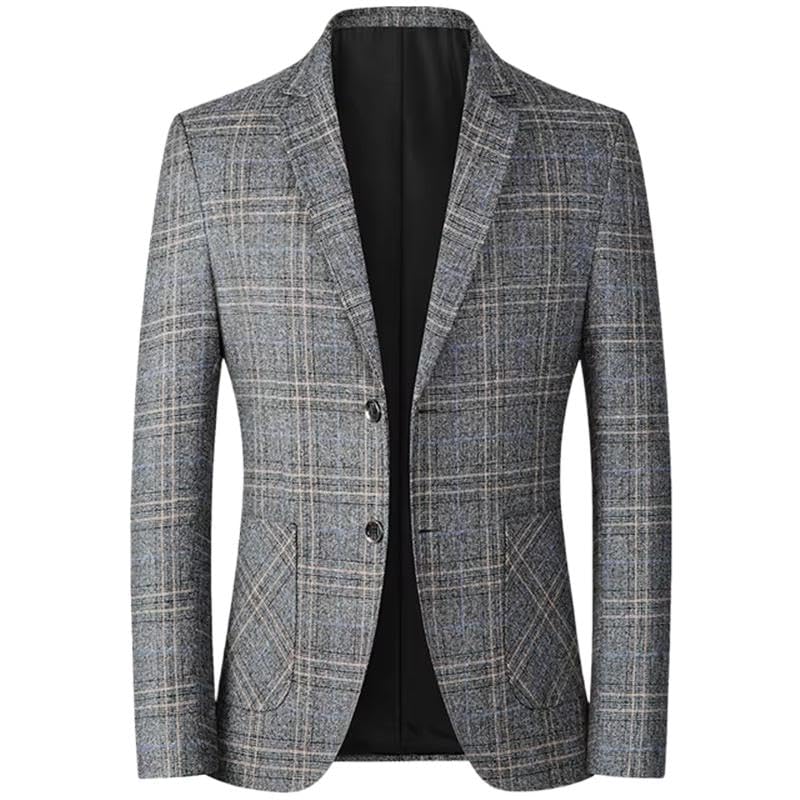 Men's Slim Fit Checkered Suit Jacket Banquet Wedding Business Blazer for Men-Grey