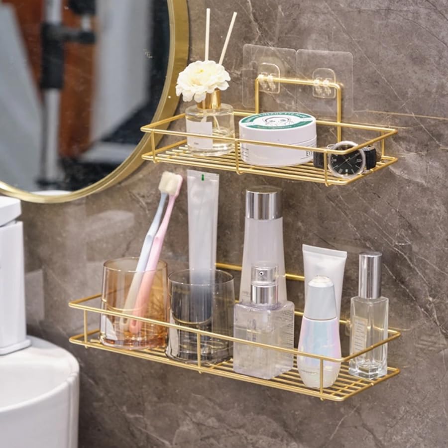 ARFUKA Floating Shelves Wall Mounted Shelf Bathroom Shelves Over Toilet Wall Shelves for Living Room Bedroom Bathroom Storage Organiser Gold Pack of 2 - Image 2