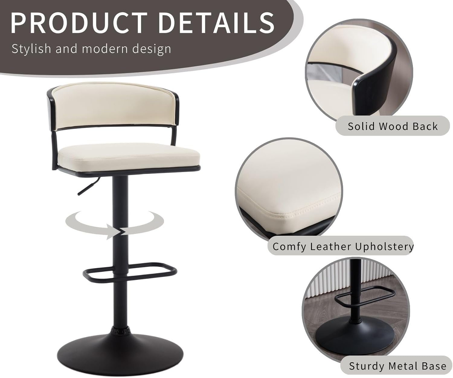 ROCITY Adjustable Modern Bar Stools Set of 4 Faux Leather Barstools Swivel Counter Height Bar stools with Curved Back/Black Metal Base Comfy Upholstered Bar Chairs for Kitchen Island, Beige