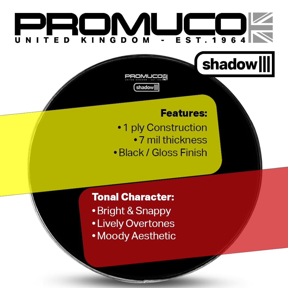 SHADOW Peau de batterie noire 35,6 cm 7 mm Simple pli pour caisse claire et Tom Luminosité