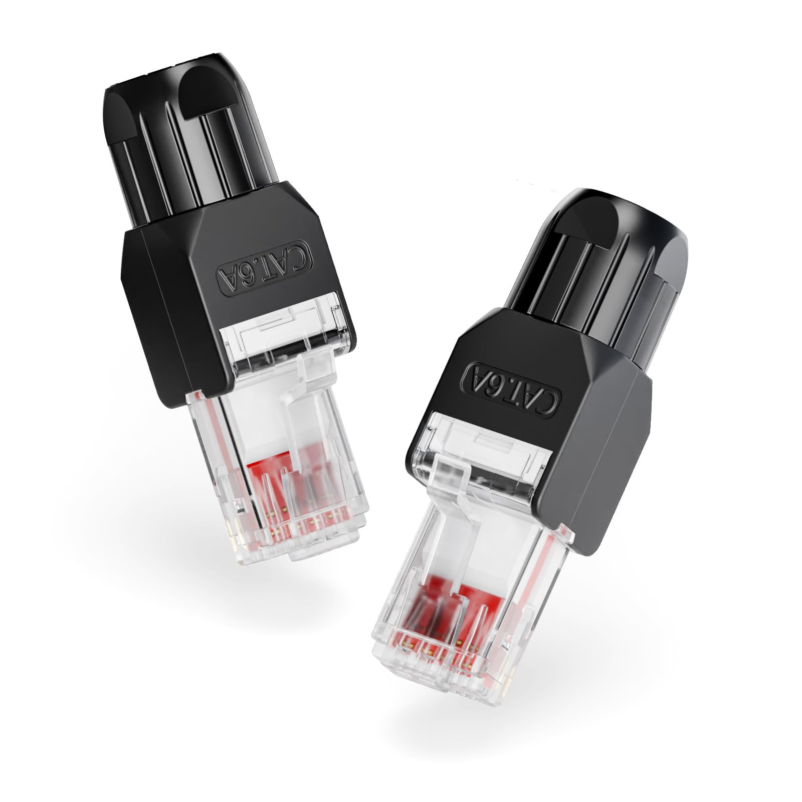 VCELINK Cat6A RJ45 Stecker Werkzeuglos, 10 Gbit/s 500 MHz, UTP Kompakter LSA Lan Stecker, PoE Wiederverwendbarer Netzwerkstecker für Patchkabel Ethernet AWG 23-26, Schwarz, 2 Stück