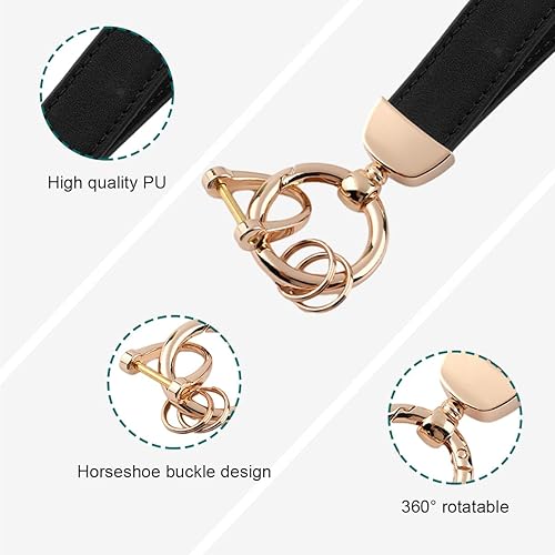 Miniatura 3 de Llavero de cuero genuino para automóvil, soporte universal de metal resistente con anillo en D antipérdida para hombres y mujeres (dorado-negro)