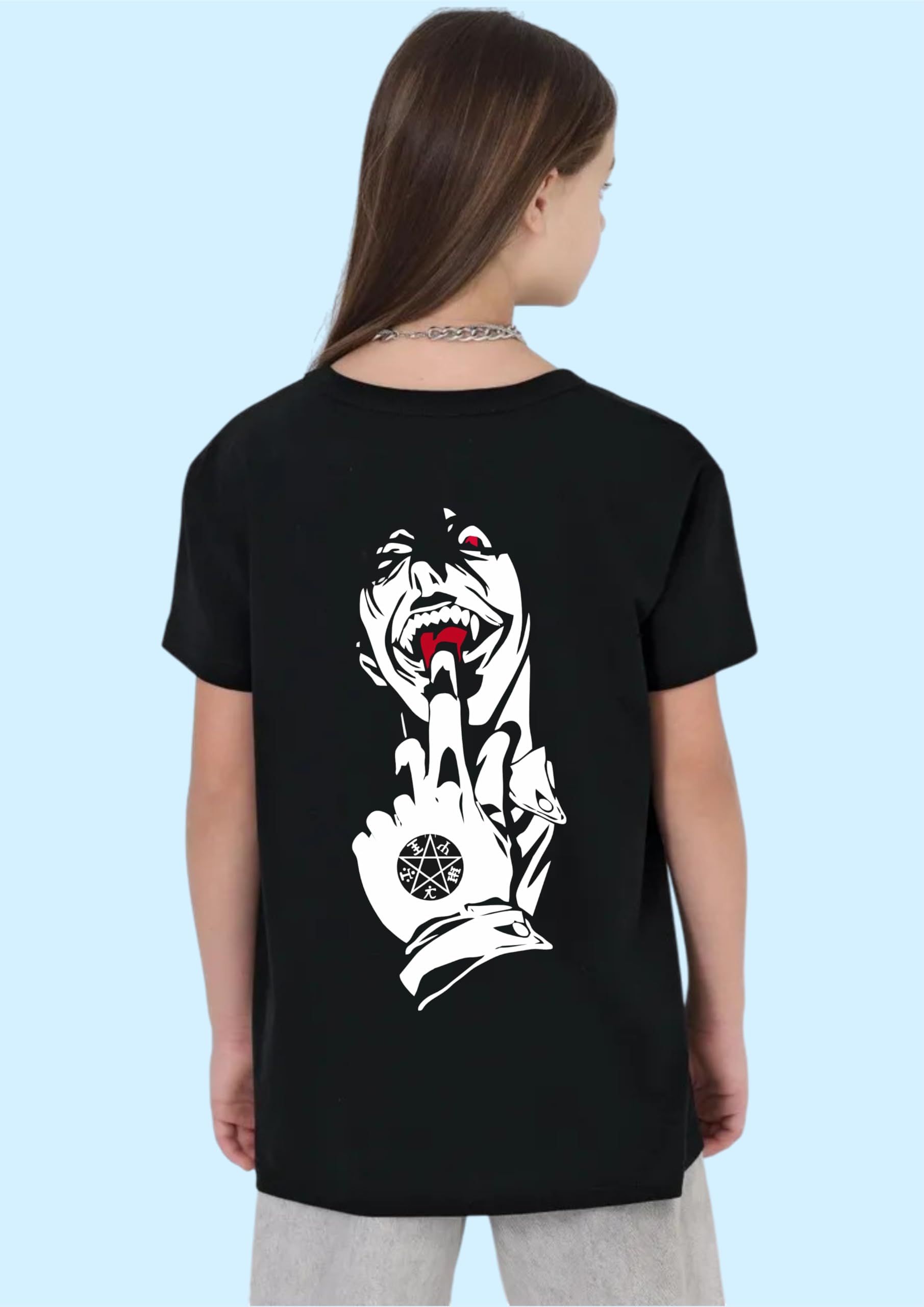 Uniplanet Store Camiseta negra de mezcla de algodón, media manga, ajuste regular, espalda Alucard, estampado anime, color negro