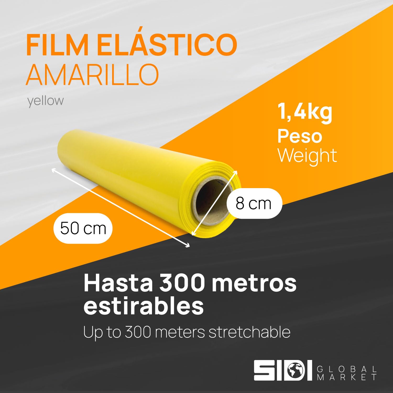 Film para Embalar, Film Amarillo, Papel Film, Rollo de Plastico Protector Muebles, Cajas Mudanza, Plastico Cubretodo 50cm x 300m estirables - SIDI (6 unds, Amarillo)