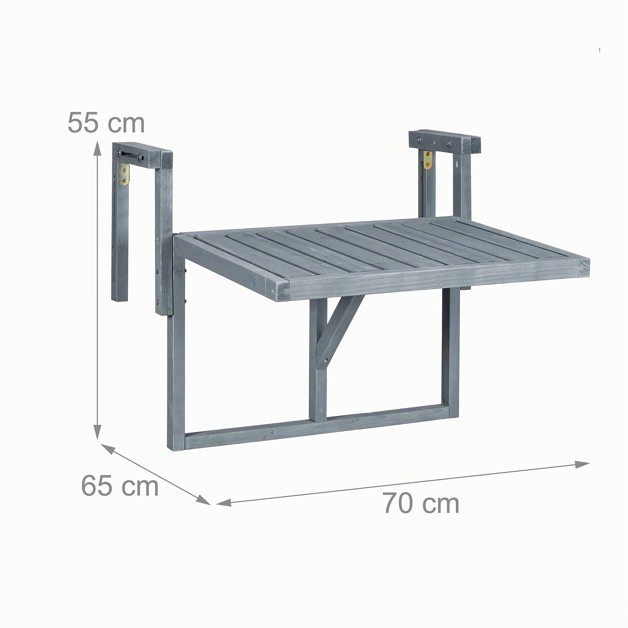 Relaxdays Mesa Balcón Plegable, Mesita Auxiliar para Colgar de Barandilla, Altura Regulable, 55x70x65 cm, Madera, Gris