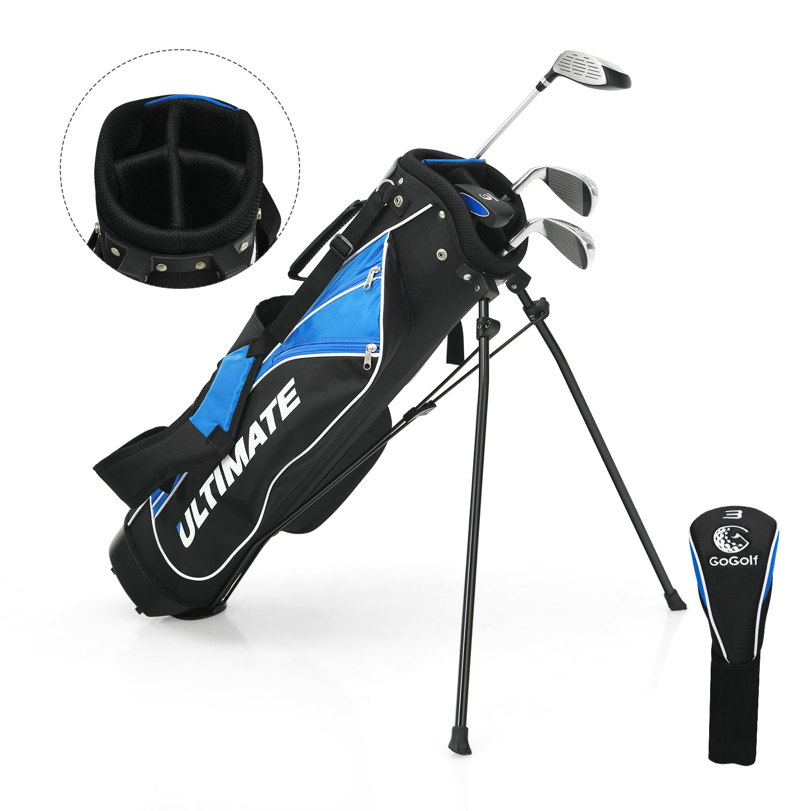 ULTIMATE Kids Golf Clubs Set with Stand Bag, Junior Complete Golf Club Set Right Hand w/ 205cc #3 Fairway Wood, #7 & #9 Irons, Putter, Foamed Head Cover & Rain Hood (Blue, Ages 11-13)