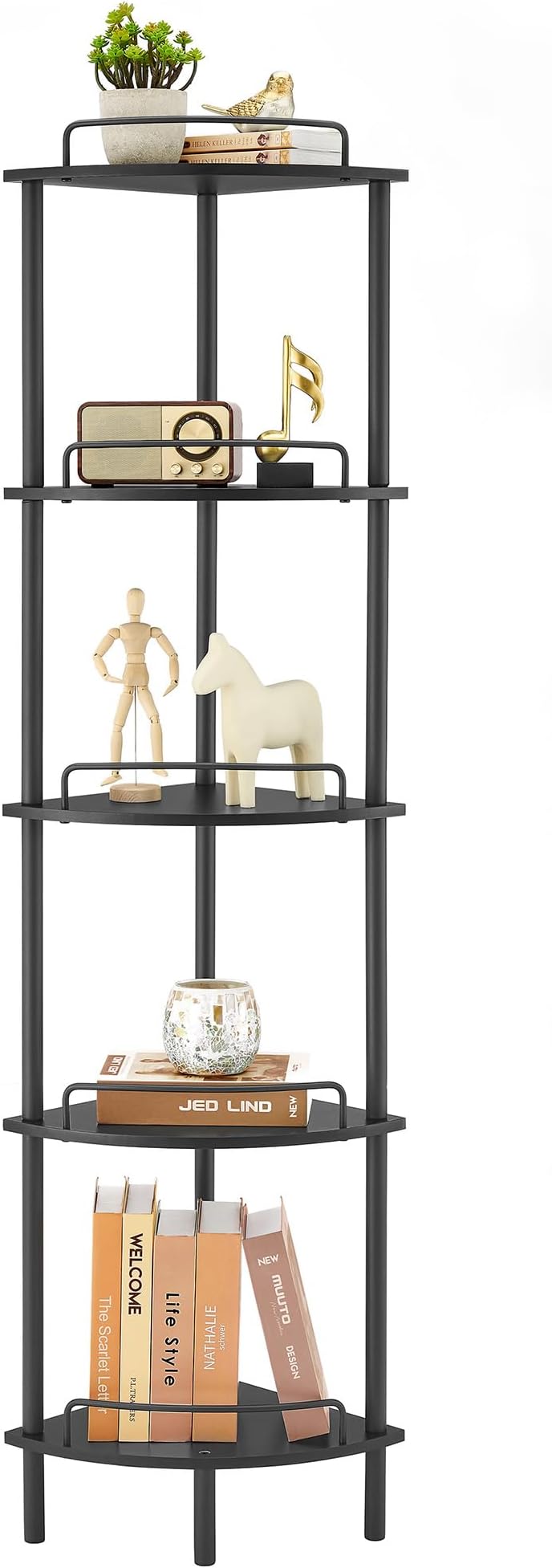 Corner Shelf Stand, 5 Tier Bookshelf With Guardrail, Tall Bathroom Shelves Black Shelving Unit for Bedroom, Small Space-Black