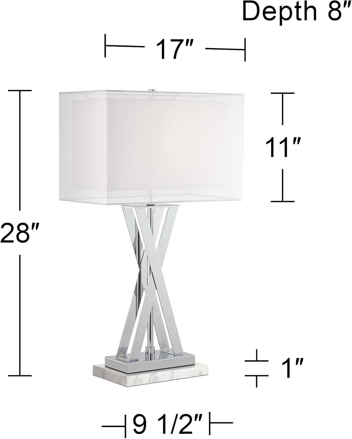 Possini Euro Design Proxima Modern Table Lamp with White Marble Riser 28" Tall Chrome Silver Metal Double Rectangular Shades Decor for Bedroom Living Room Nightstand Bedside Office Kids Room