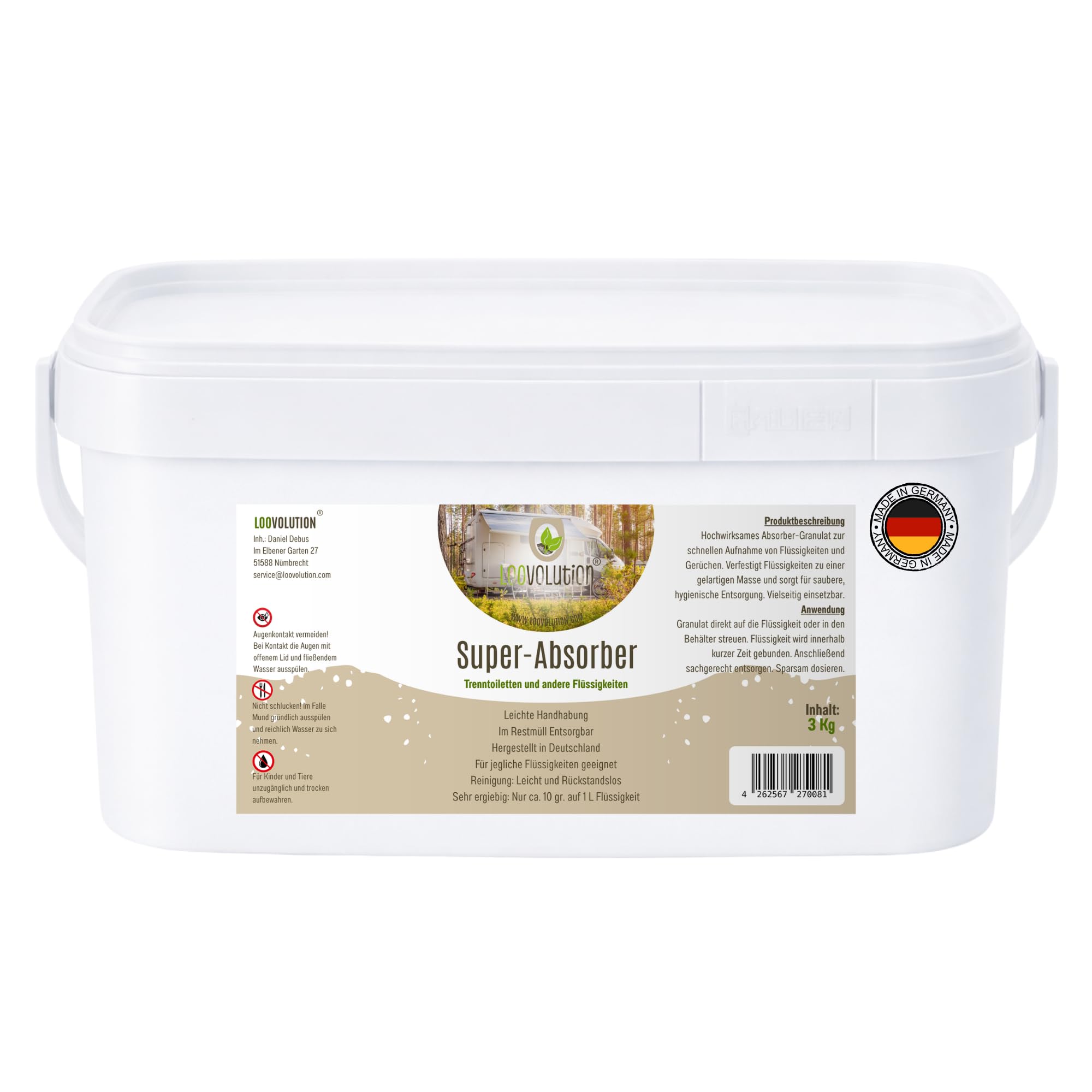 LOOVOLUTION® Super-Absorber – Hochleistungsabsorber für alle Flüssigkeiten (3 KG) - Extra saugstark – Ideal für die Camping Toilette, Wohnwagen, Haushalt, Party & Festivals