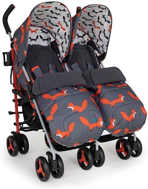 Cosatto Supa Dupa Double Stroller  Pushchair from Birth 0-25kg, Lightweight, Compact Fold, with Footmuffs, Cup Holder & Raincovers (Charcoal Mister Fox)
