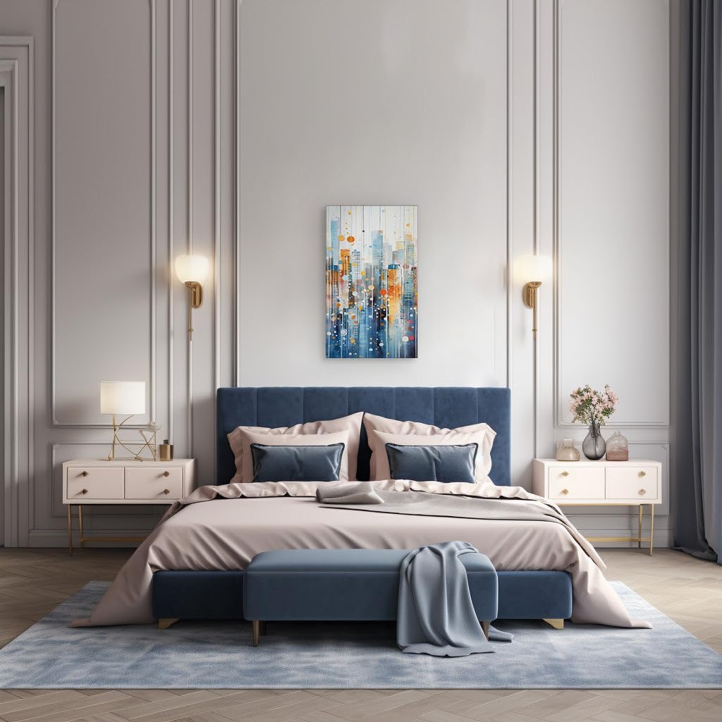 Canvas for Living room. Dreamy Rainfall Over Abstract Cityscape - A Tranquil Fusion of Ethereal Tones and Colored Droplets, 27 x 18 inch Canvas Wall Art - Ready to Hang