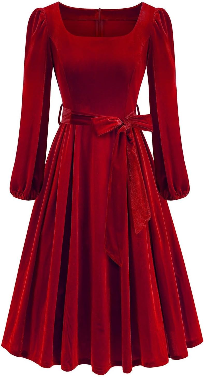Women's Cocktail Dresses Puff Long Sleeve Vintage Wedding Guest Dress Solid Color Formal Swing Dress with Bow Belt