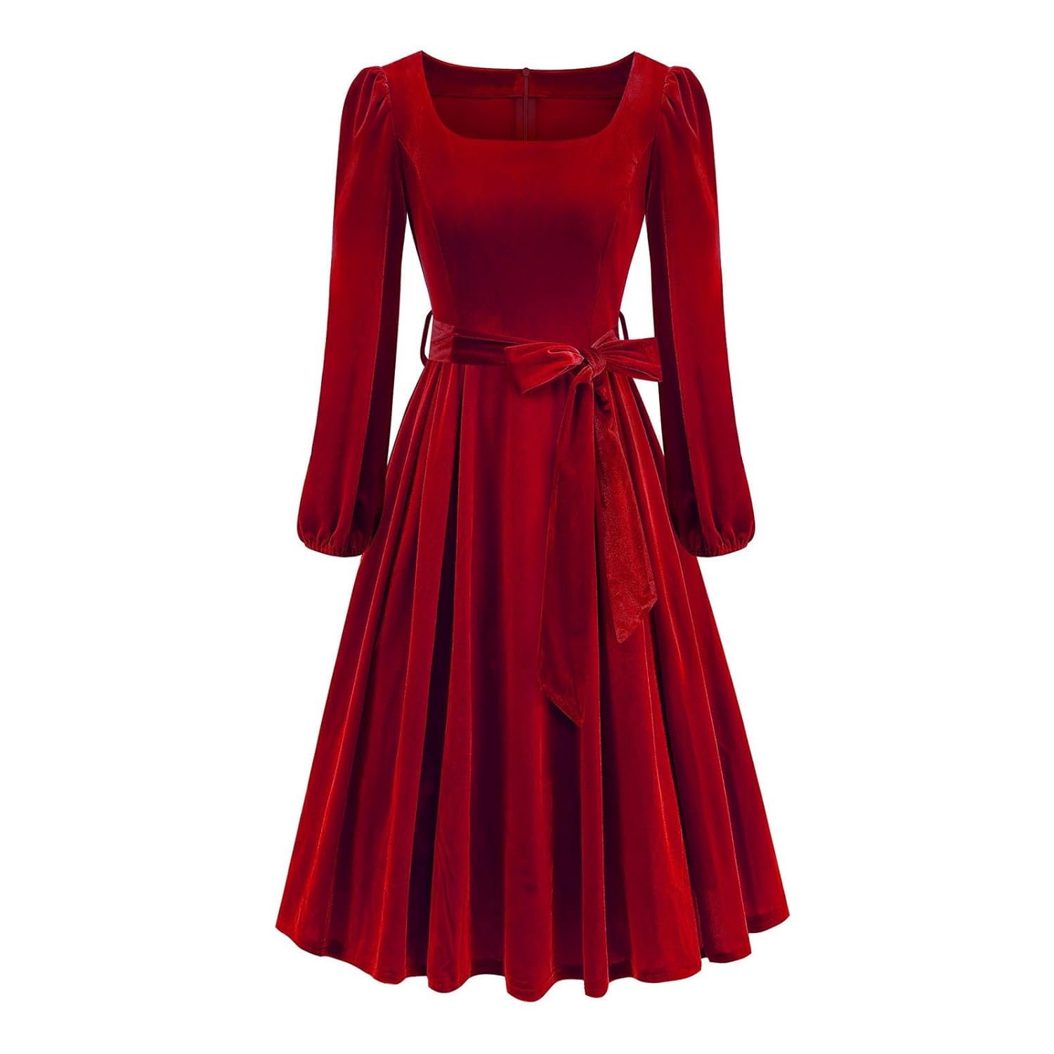 Womens Velvet Midi Dress Casual Square Neck Long Sleeve Belted Elastic High Waist Flowy Evening Party Dresses